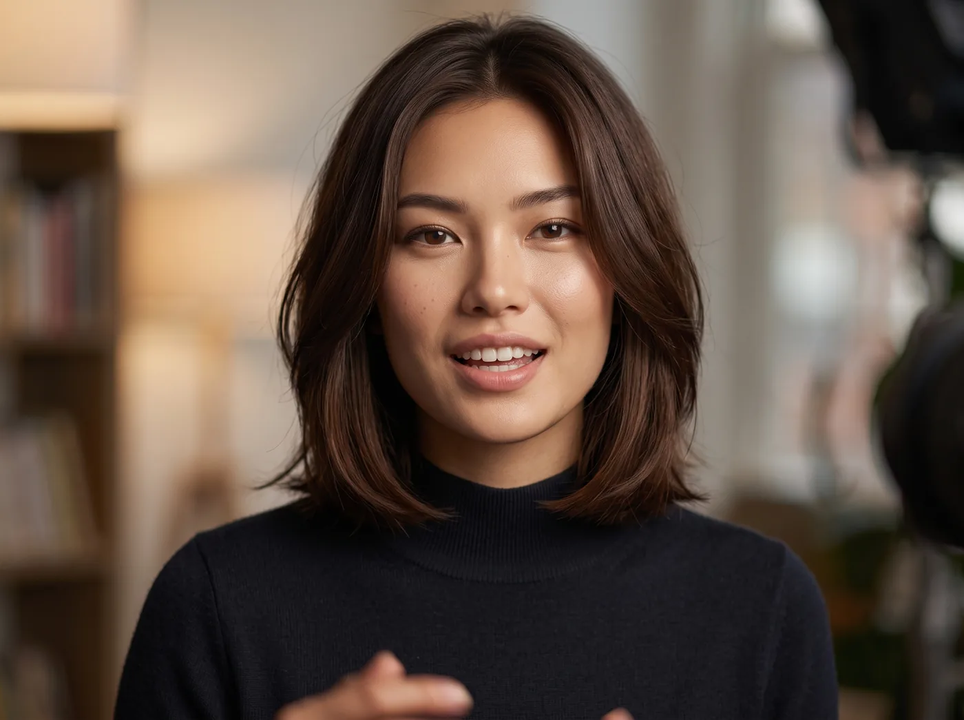 An AI avatar presenter speaking to camera