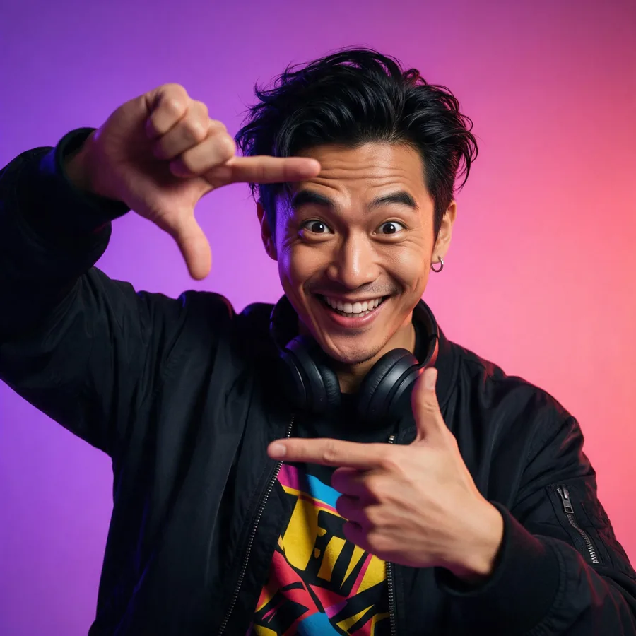 The avatar styled for creative content, in a bomber jacket with headphones